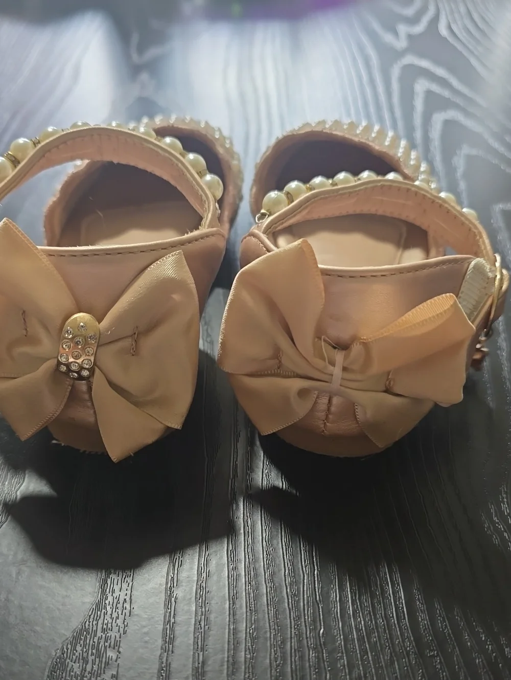 Pearl-Embellished Girls Ankle-Strap Flats - Blush